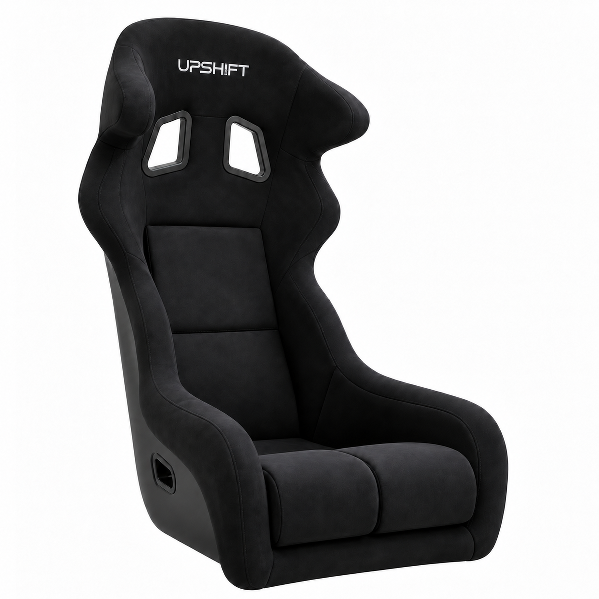 GTR black sim racing bucket seat with white UPSHIFT branding on the headrest, shown against a plain white background.