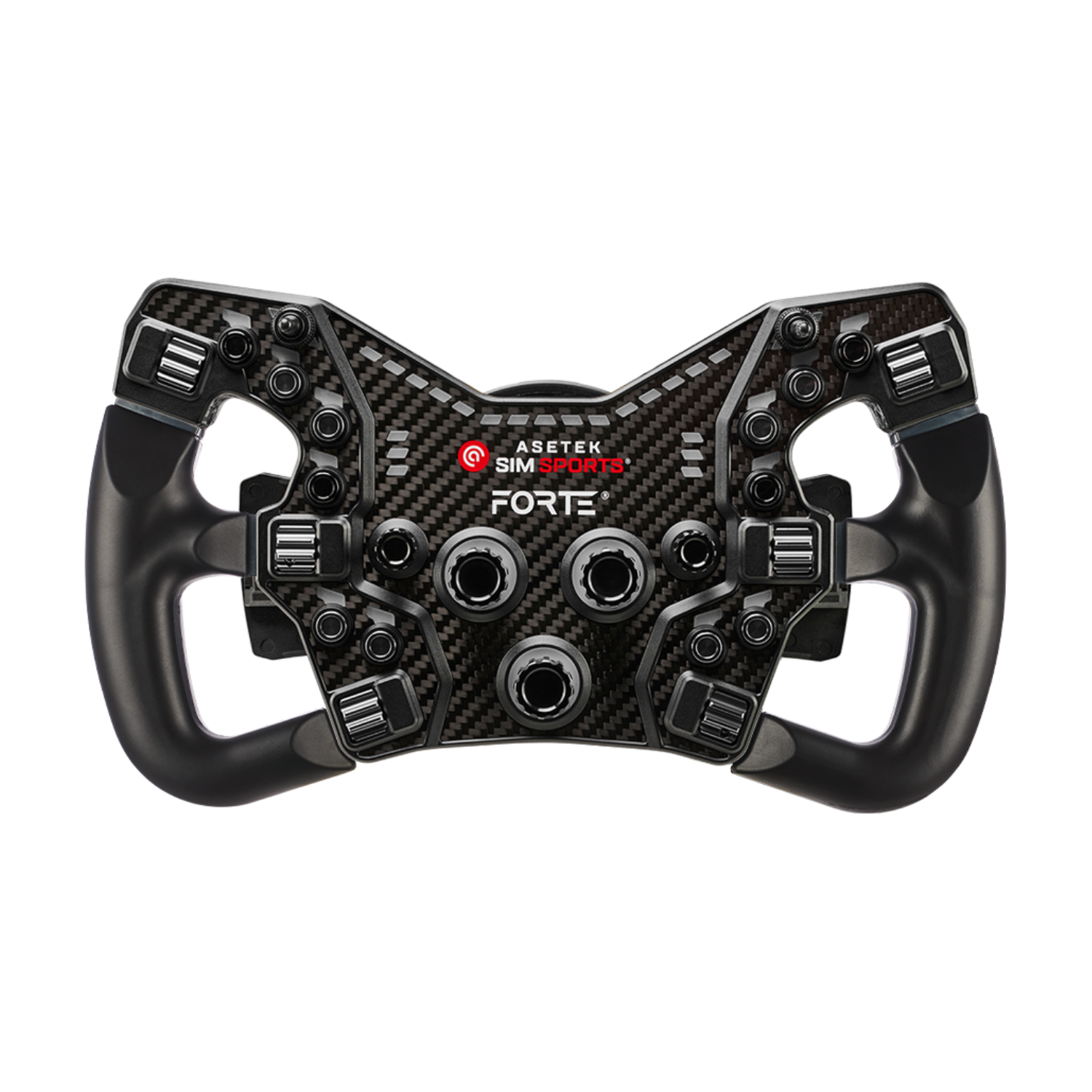 Asetek Forte Formula Steering Wheel with aluminum buttons and paddle shifters, designed for use with sim racing software.
