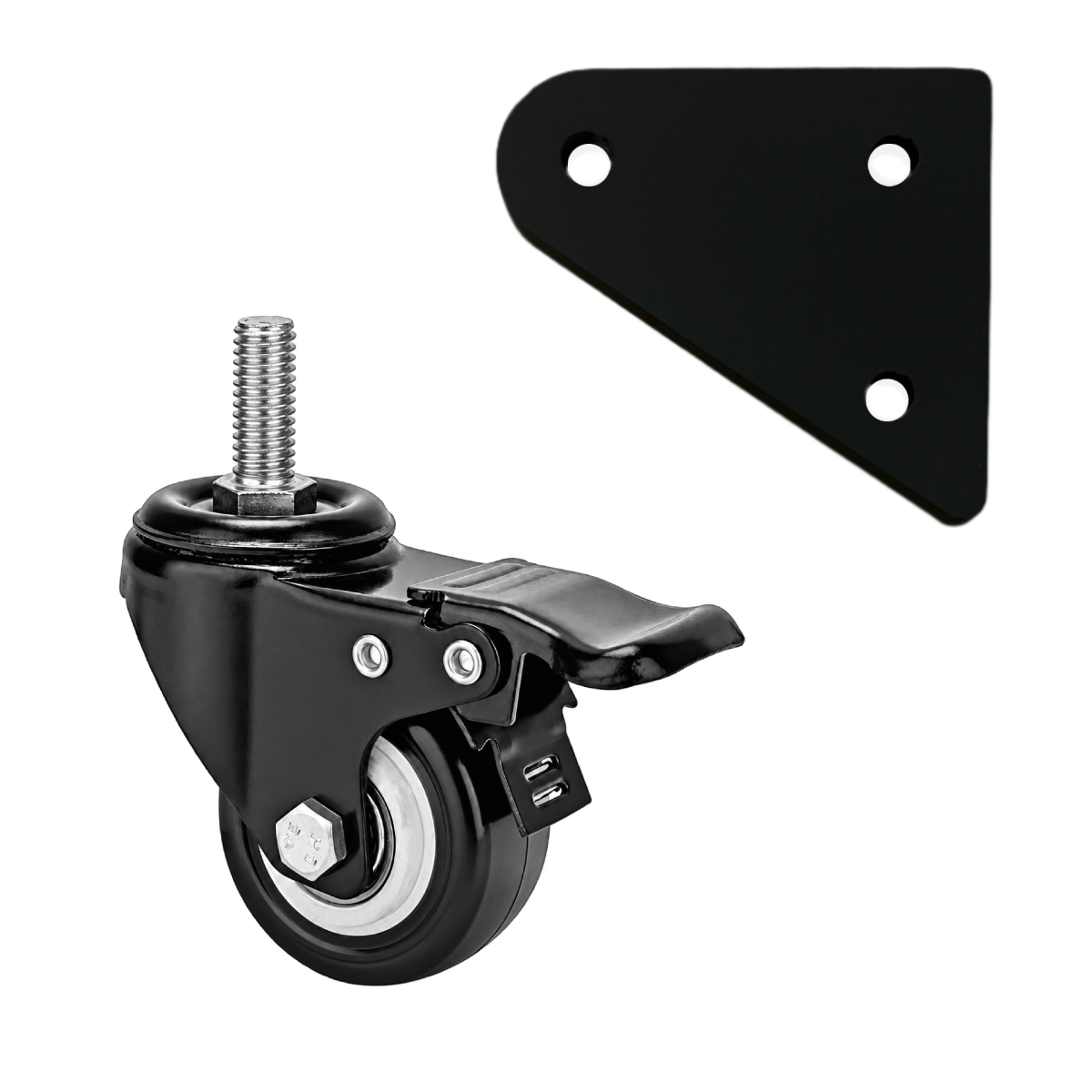 Black plastic and metal caster wheel with a threaded stem and a separate black mounting plate, shown on a plain white background.