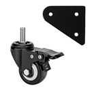 Black plastic and metal caster wheel with a threaded stem and a separate black mounting plate, shown on a plain white background.