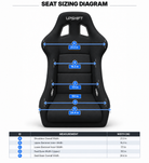 Seat sizing diagram for GTS Bucket Seat, showing a black seat with overlaid dimension arrows and labels for shoulders, upper backrest inner width, lower backrest inner width, seat base width, and seat overall width, plus a measurement table at the bottom.