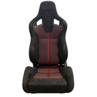 A JDM-inspired reclining sports seat in black and red suedette with red contrast stitching, designed for sim racing rigs.