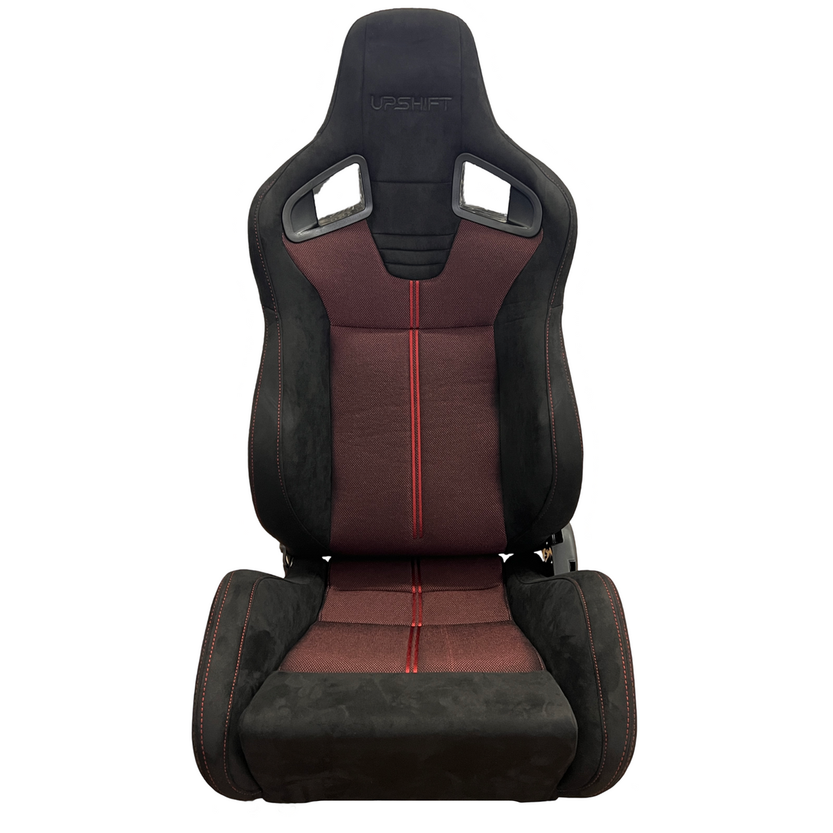 A JDM-inspired reclining sports seat in black and red suedette with red contrast stitching, designed for sim racing rigs.