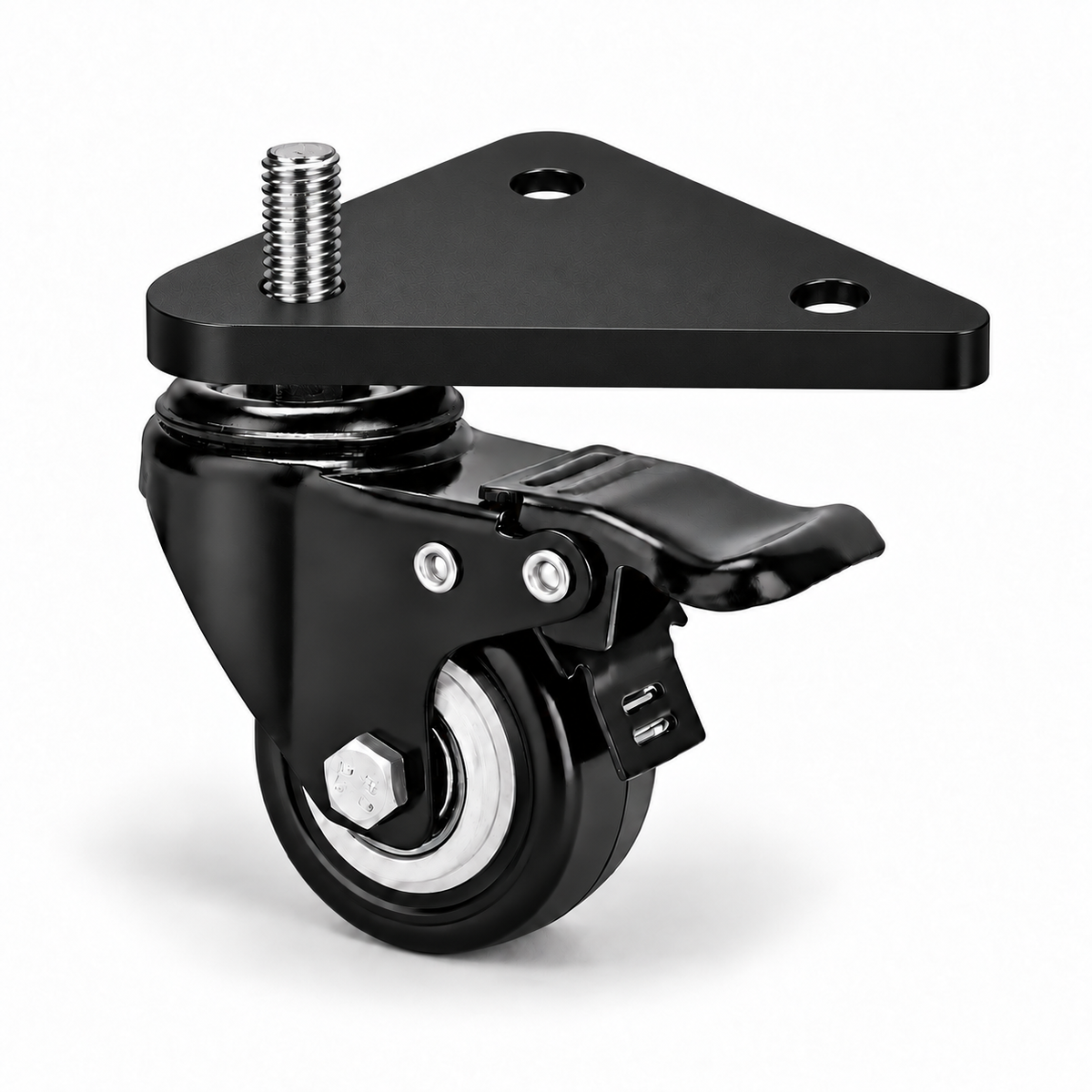 A black metal caster wheel with a triangular mounting plate, threaded bolt, and black plastic brake lever, shown on a clean white background.