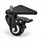 A black metal caster wheel with a triangular mounting plate, threaded bolt, and black plastic brake lever, shown on a clean white background.