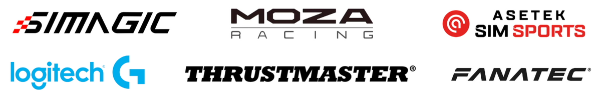 Horizontal rows of racing simulator hardware brand logos on a solid white background, including Simagic, Moza, Logitech, Thrustmaster, Asetek Sim Sports, Conspit, and Fanatec, listing select major sim brands compatible with the R-PRO 80x40 Sim Rig