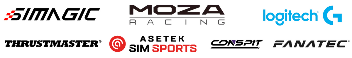 Horizontal rows of racing simulator hardware brand logos on a solid white background, including Simagic, Moza, Logitech, Thrustmaster, Asetek Sim Sports, Conspit, and Fanatec, listing select major sim wheelbase brands compatible with the R-PRO 80x40 Sim Rig